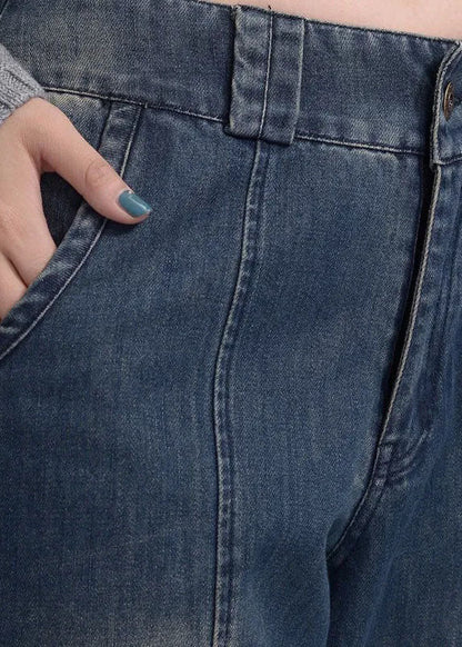 French Navy Button Pockets Lantern Fall Denim Pants