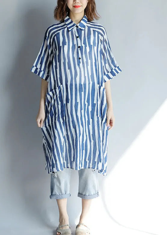 Diy Lapel Pockets Cotton Tunic Fitted Sleeve Blue Striped a Line Dresses Summer