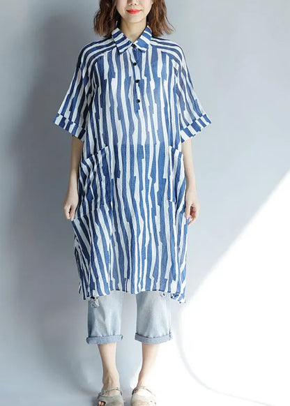 Diy Lapel Pockets Cotton Tunic Fitted Sleeve Blue Striped a Line Dresses Summer