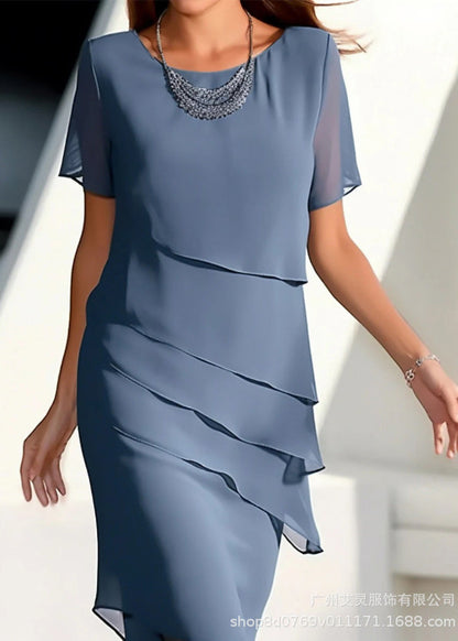 French Khaki O-neck Layered Chiffon Maxi Dresses Short Sleeve