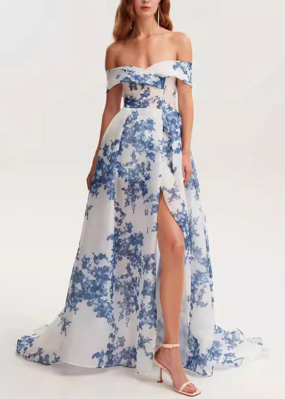 New Off Shoulder Print Organza Long Dress Summer
