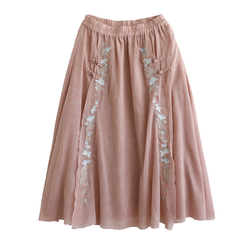 Double Cotton Linen Embroidered Buckle A-line Skirt