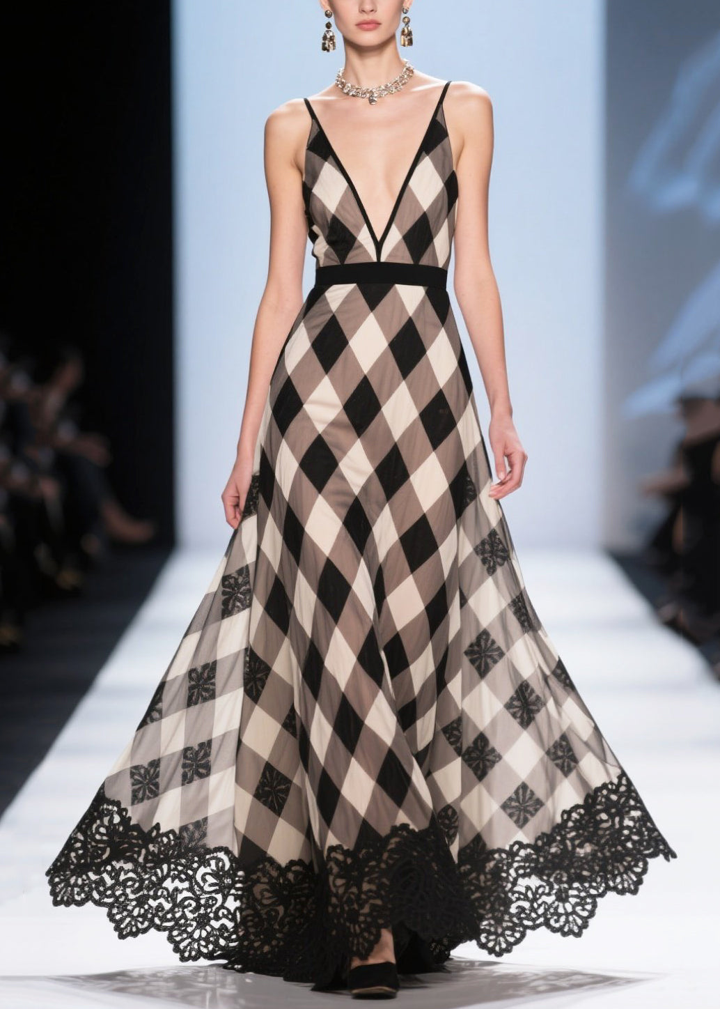 Colorblock Plaid Patchwork Lace Chiffon Evening Dress Summer