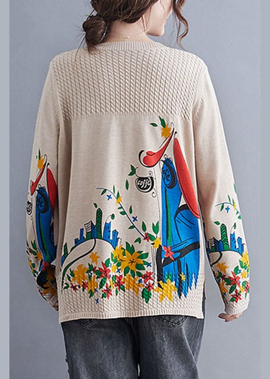 Khaki Side Open Print Knit Sweaters Winter