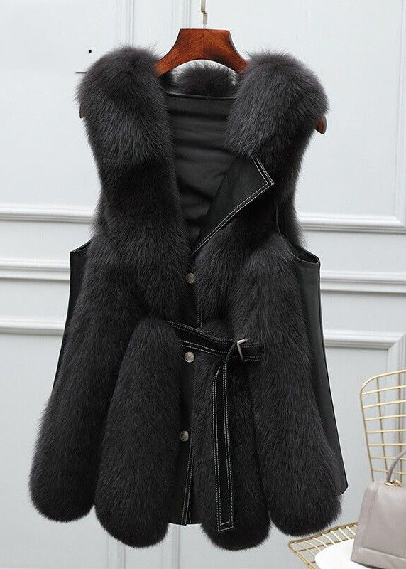 Beige Faux Fur Fox Collar Sashes Warm Leather and Fur Waistcoat Winter