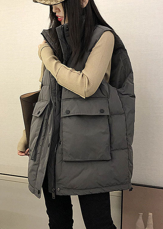 Boutique Black Loose Stand Collar Pockets Winter Down Vest