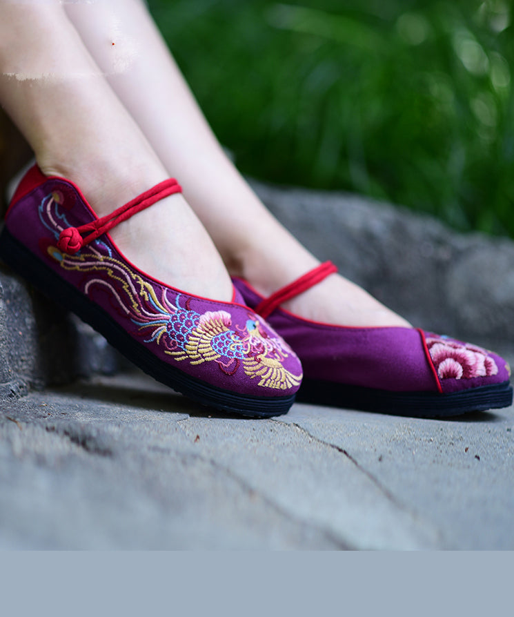 Blue Embroideried Flat Feet Shoes Cotton Fabric Buckle Strap Flat Shoes for