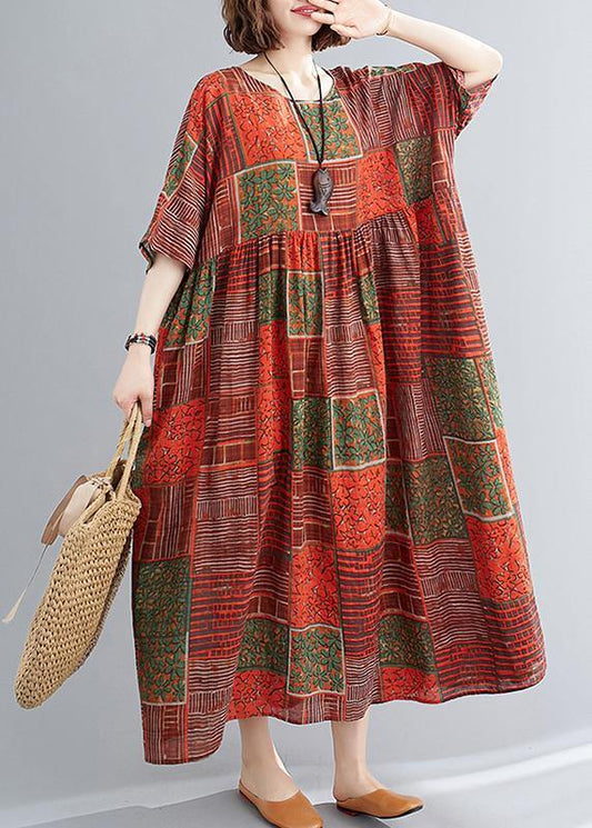 Diy Orange Red Print Cotton Linen Clothes O Neck Extra Large Hem Cotton Robes Dresses