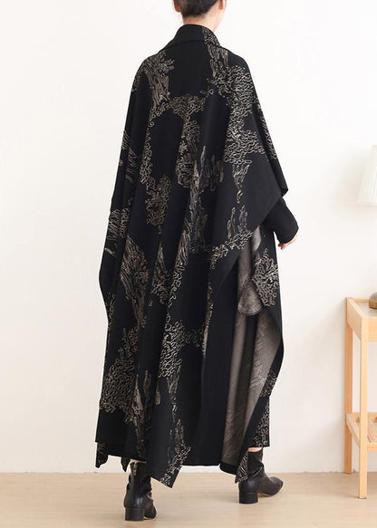 Notched Asymmetric Coats Black Print Silhouette Coats