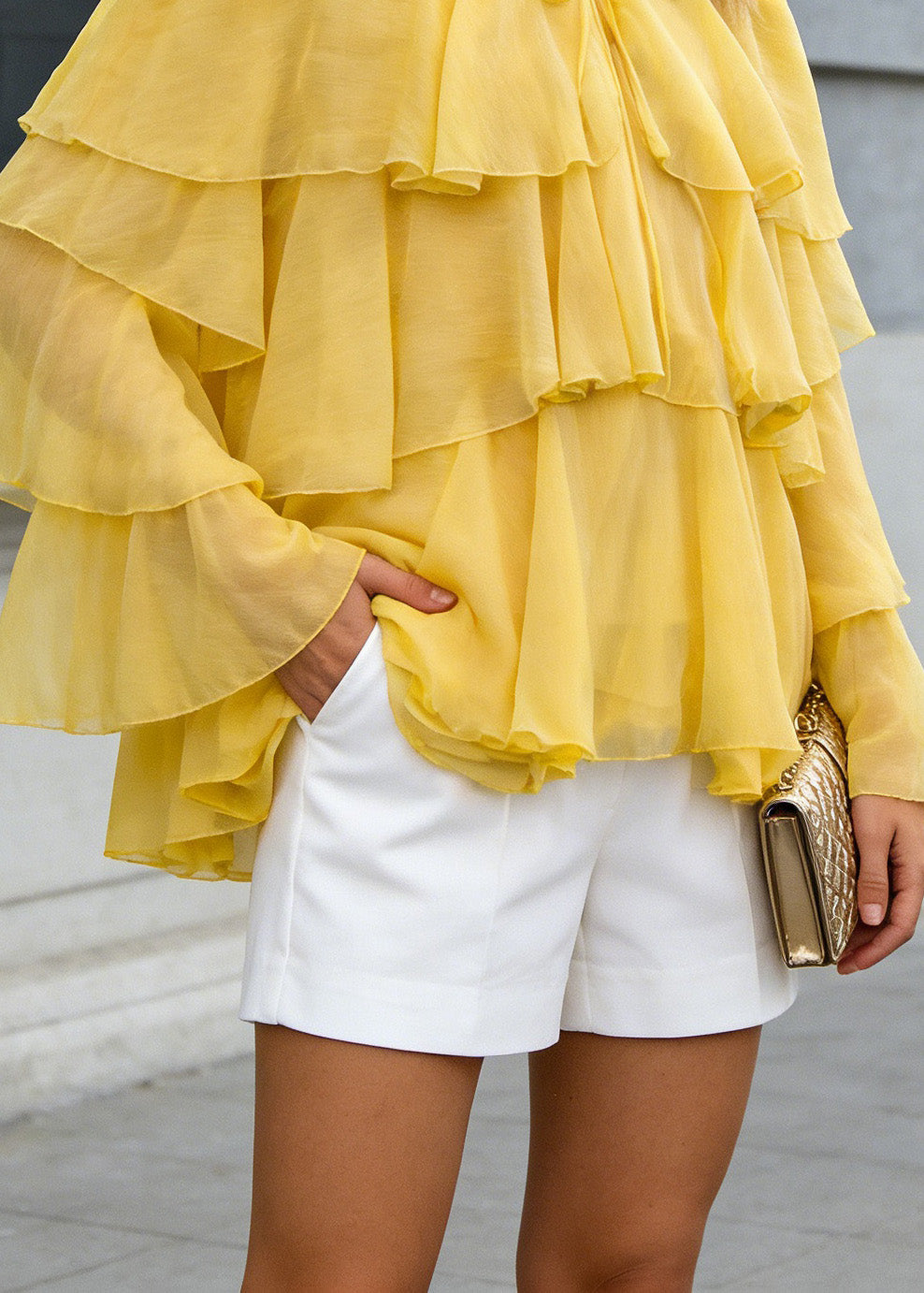 Yellow O Neck Ruffled Patchwork Chiffon Tops Spring