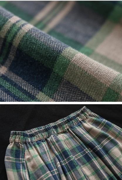 Cotton and Linen Check Elastic High Waist A-line Skirt