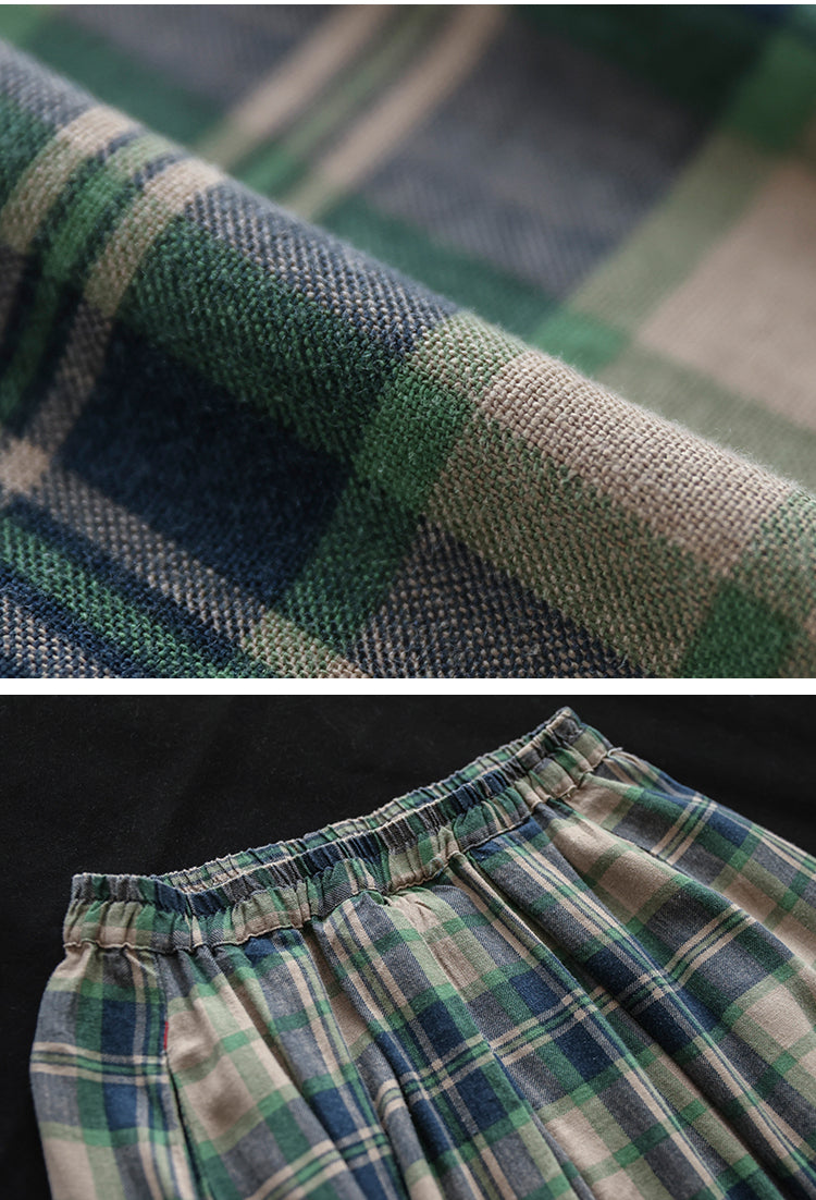 Cotton and Linen Check Elastic High Waist A-line Skirt
