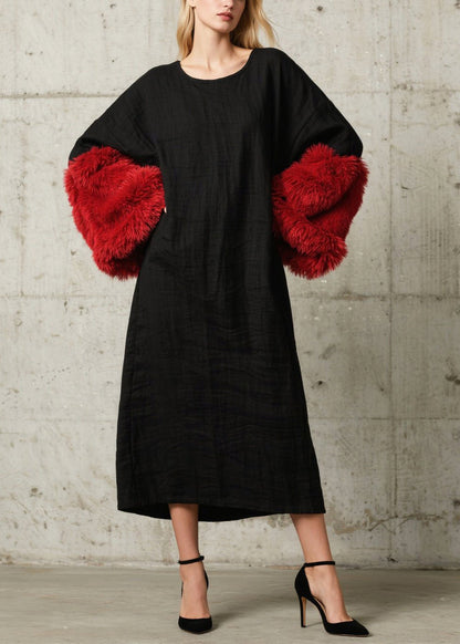 French Black O-neck Patchwork Faux Fur Straight Dresses Fall