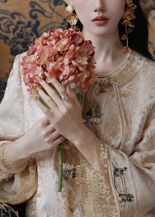 New Yellow Chinese Button Coat and Silk Velvet Skirts Two Pieces Set Spring