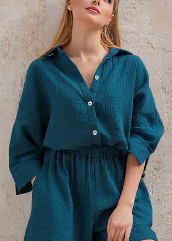Art Color Oversized Cotton Shirts and Shorts Two Pieces Set Long Sleeve