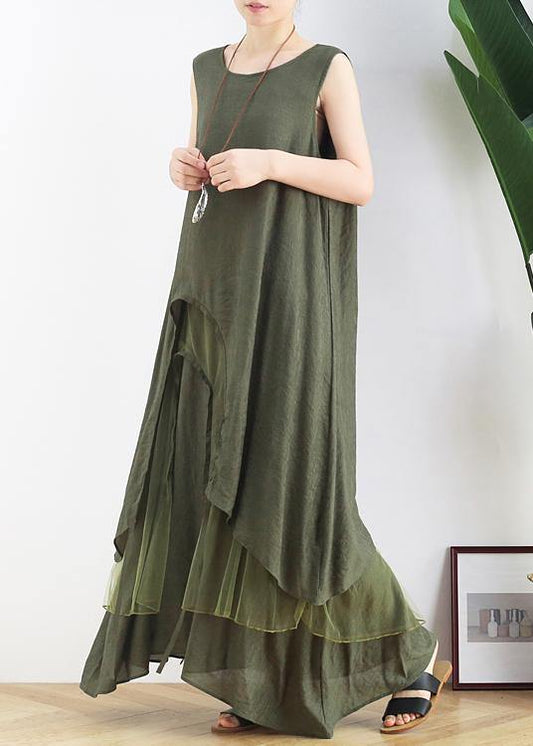 Diy Green Cotton Tunics O Neck Asymmetric Robe Summer Dresses