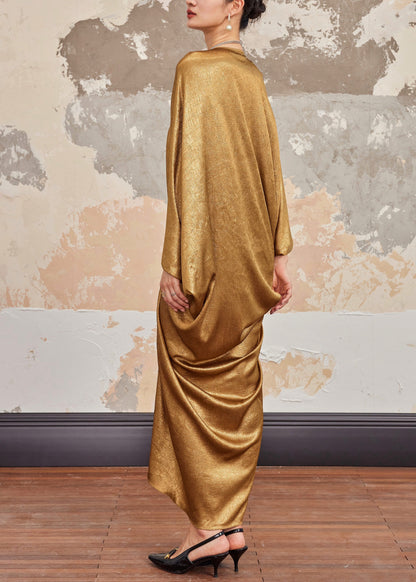 Gold V Neck Silk Long Dresses Batwing Sleeve