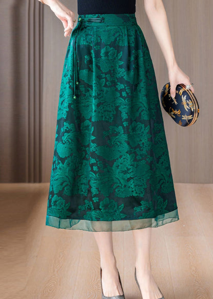 Green Print Silk a Line Skirts Tasseled Summer