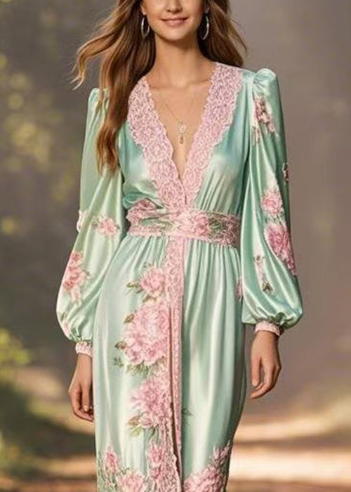 Green V Neck Print High Waist Silk Long Dress Spring