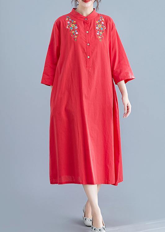 Stand Collar Pockets Cotton Tunics for Work Outfits Red Embroidery Maxi Dresses Summer