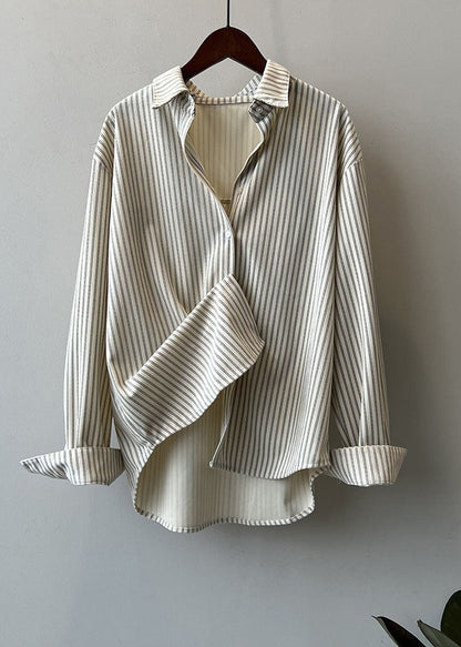 Mocha Peter Pan Collar Striped Low High Design Button Shirts Long Sleeve