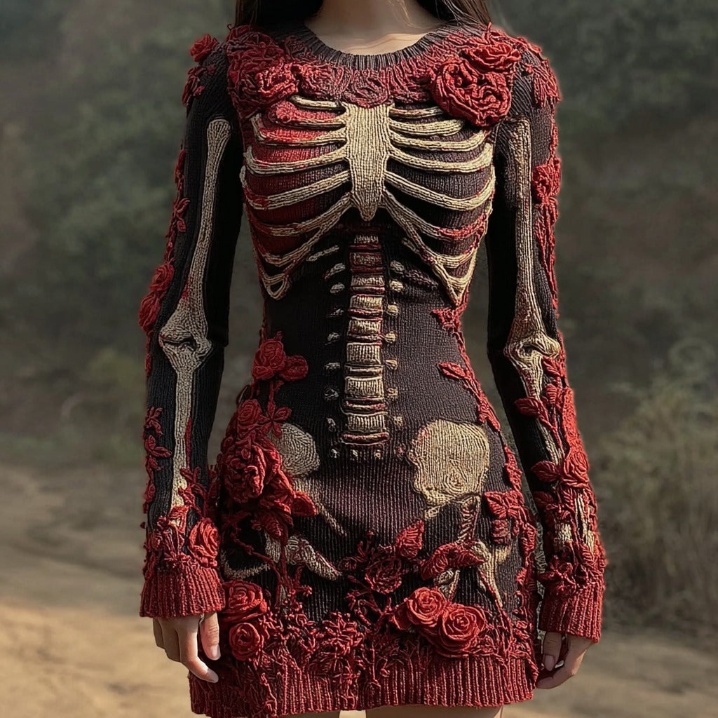 Vintage Halloween Skeleton Art Knit Sweater Dress artswardrobe