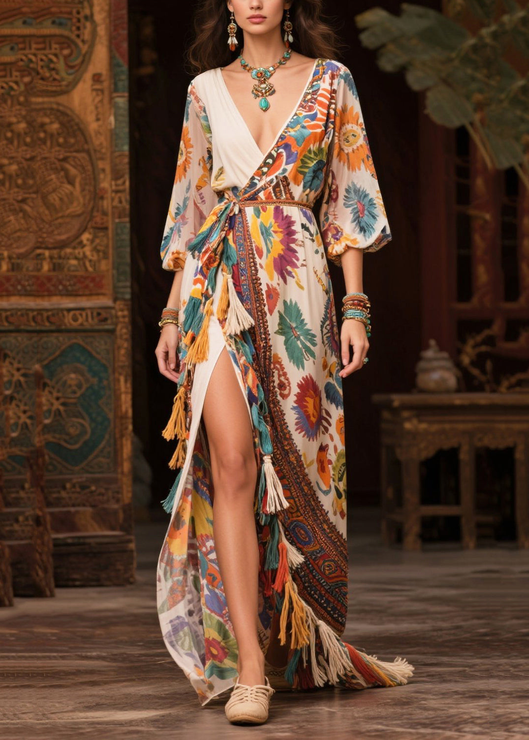 Beige Tasseled Print Chiffon Maxi Dresses Lantern Sleeve