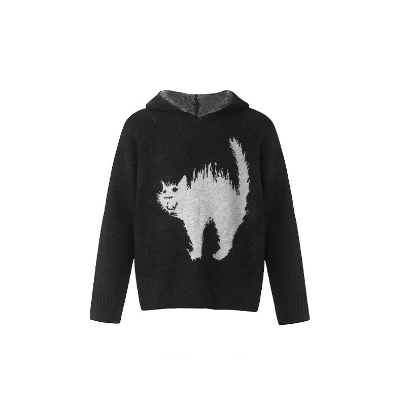 Unisex Scaring Black Cat Jacquard Art Knit Cozy Unisex Hooded Sweater elevenforest