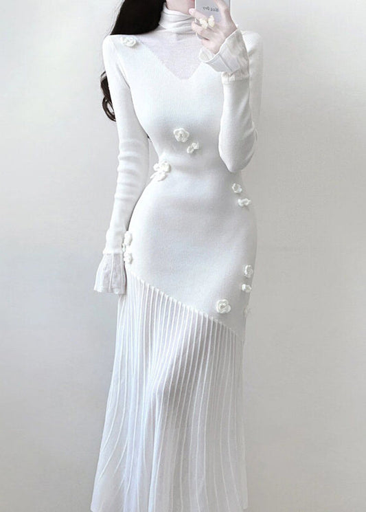 White Turtleneck Knit Patchwork Long Dresses Spring