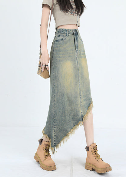 Blue Asymmetrical Tasseled Denim Skirt Summer