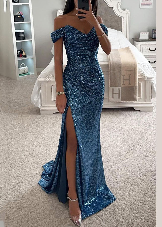 New Champagne Slash Neck Side Open Sequins Party Dress