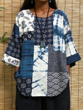 Comstylish Japanese Elements Patchwork Pattern Cozy Linen Tunic