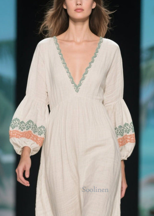 White V Neck Patchwork Linen Dress Lantern Sleeve