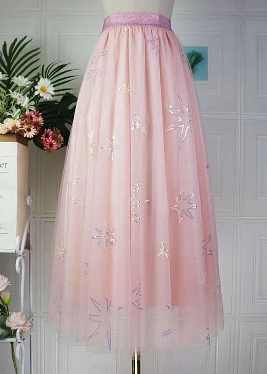Pink Sequins Embroidered Elastic Waist Tulle Skirt Spring