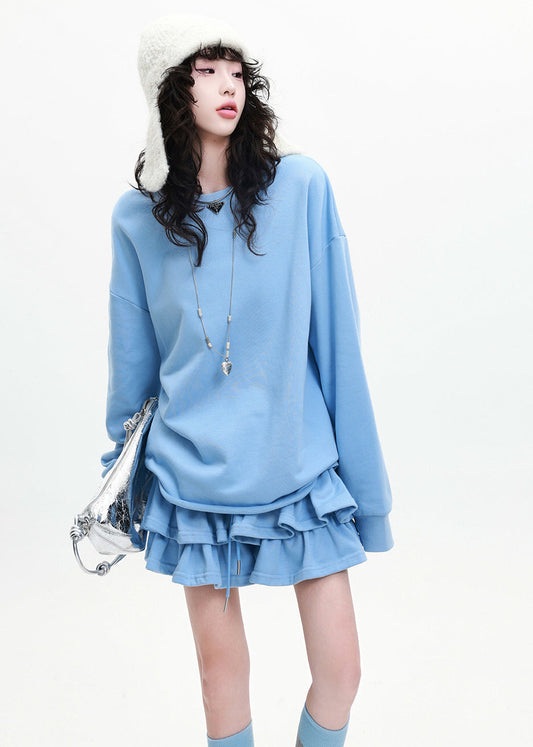 Fine Blue Layered Ruffled Cotton Tops and Skirts Two Pieces Set Spring