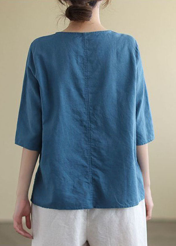 French Navy O-neck Embroideried Cotton Blouses Half Sleeve