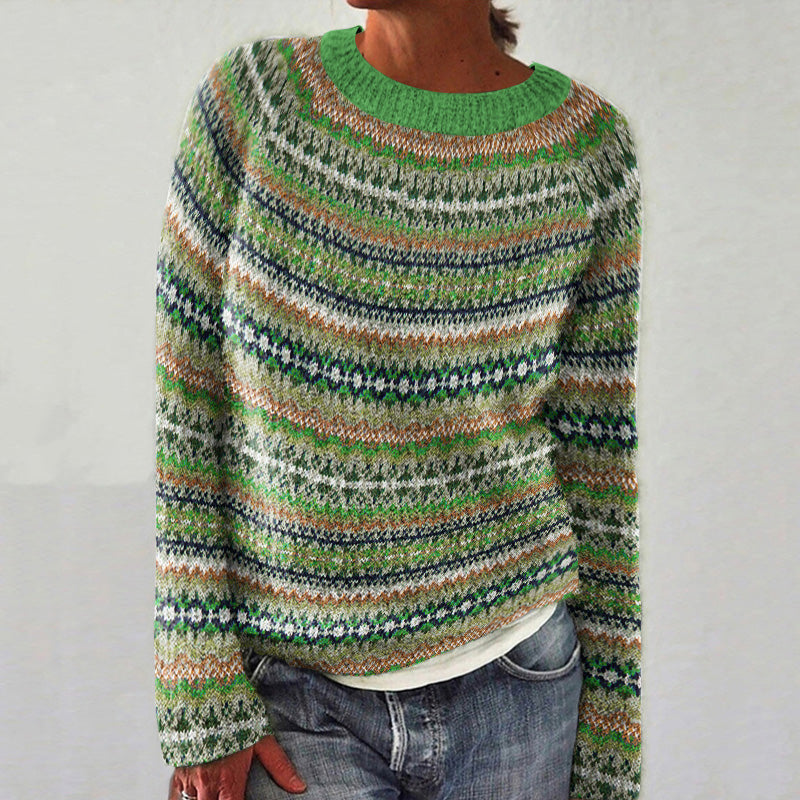 Vintage Icelandic Geometric Knit Pattern Women's Crew Neck Sweater elevenforest