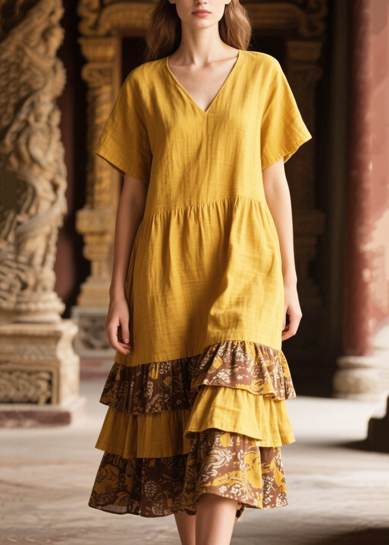 Yellow Ruffles Patchwork Cotton Long Dress Summer