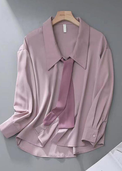 French Pink Bow Chiffon Shirts Long Sleeve