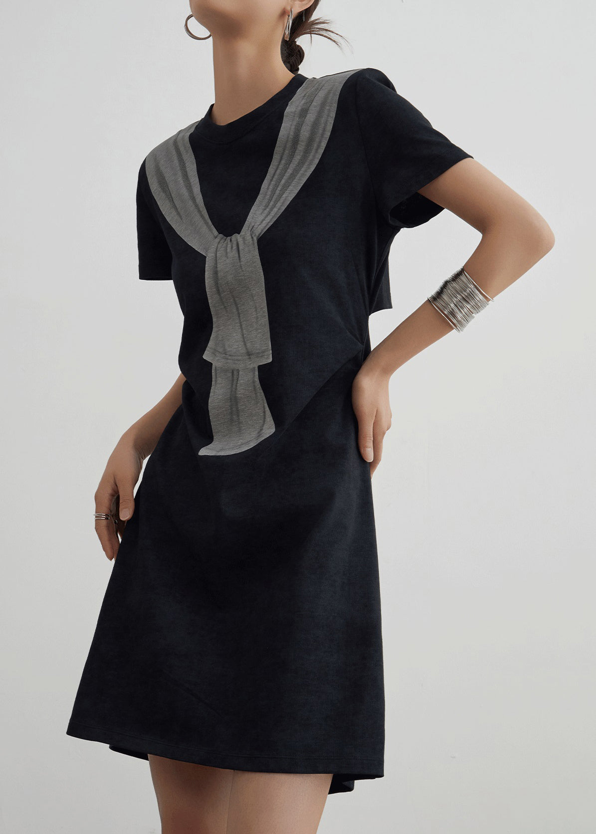 Black Print Hollow Out Cotton T Shirt Dresses Summer
