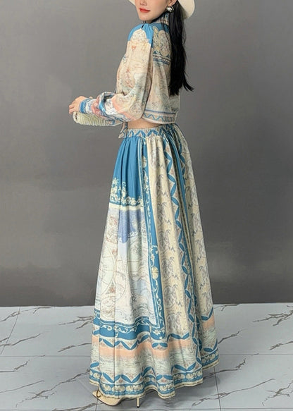 French Blue Print Tops and Skirts Cotton Two Pieces Set Fall