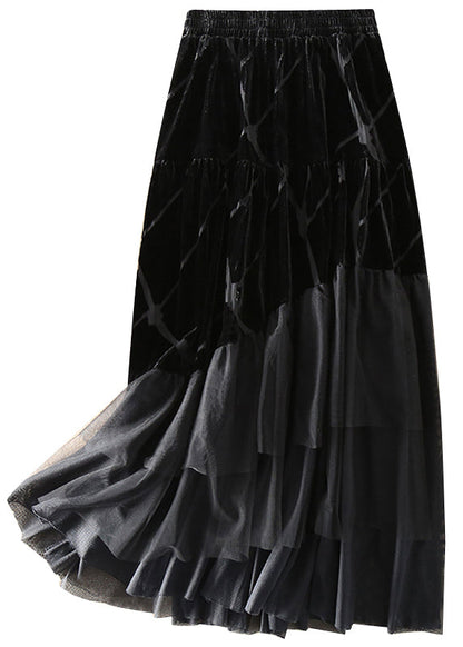 Diy Black Tulle Patchwork Silk Velour Skirt Spring