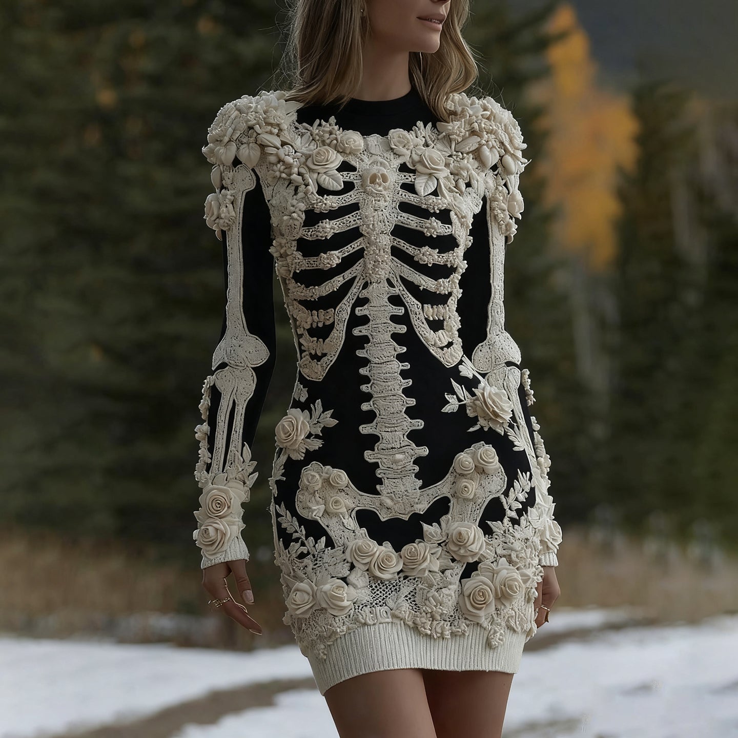 Women's Halloween Skeleton Bones With Rose Art Cozy Knit Mini Sweater Dress elevenforest