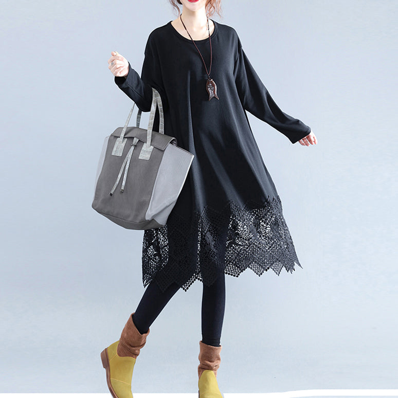Fine Black Cotton Dresses Cotton Clothing Dresses Fine Lace Ruffles Long Sleeve Cotton Dresses