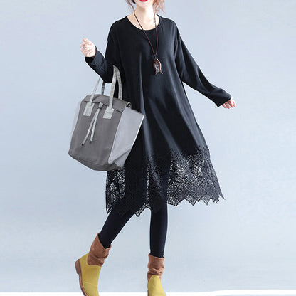 Fine Black Cotton Dresses Cotton Clothing Dresses Fine Lace Ruffles Long Sleeve Cotton Dresses