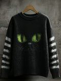 Women's Casual Halloween Black Cat Striped Sweater artswardrobe