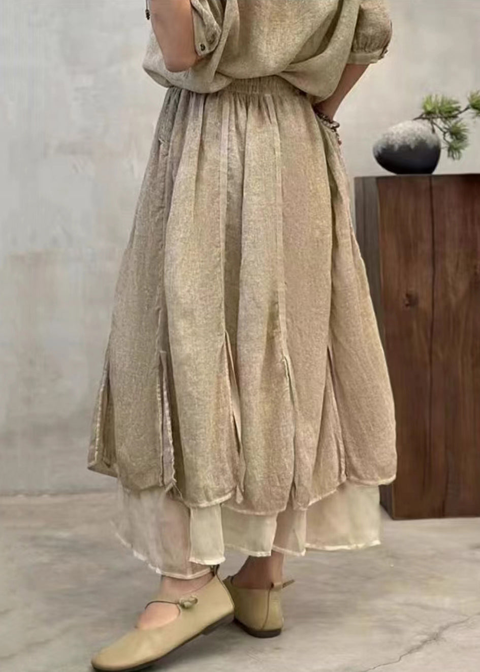 Apricot Side Open Cotton a Line Skirts Elastic Waist