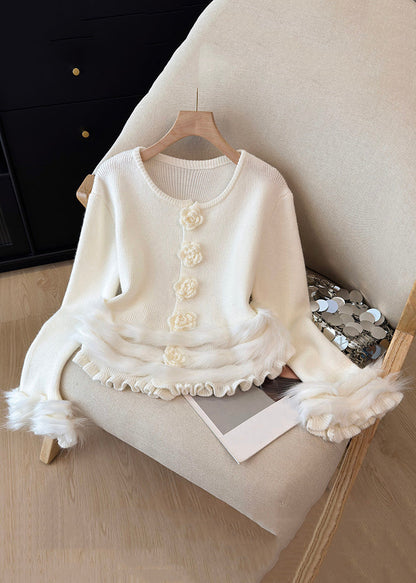 White Ruffled Cozy Patchwork Knit Sweater Tops