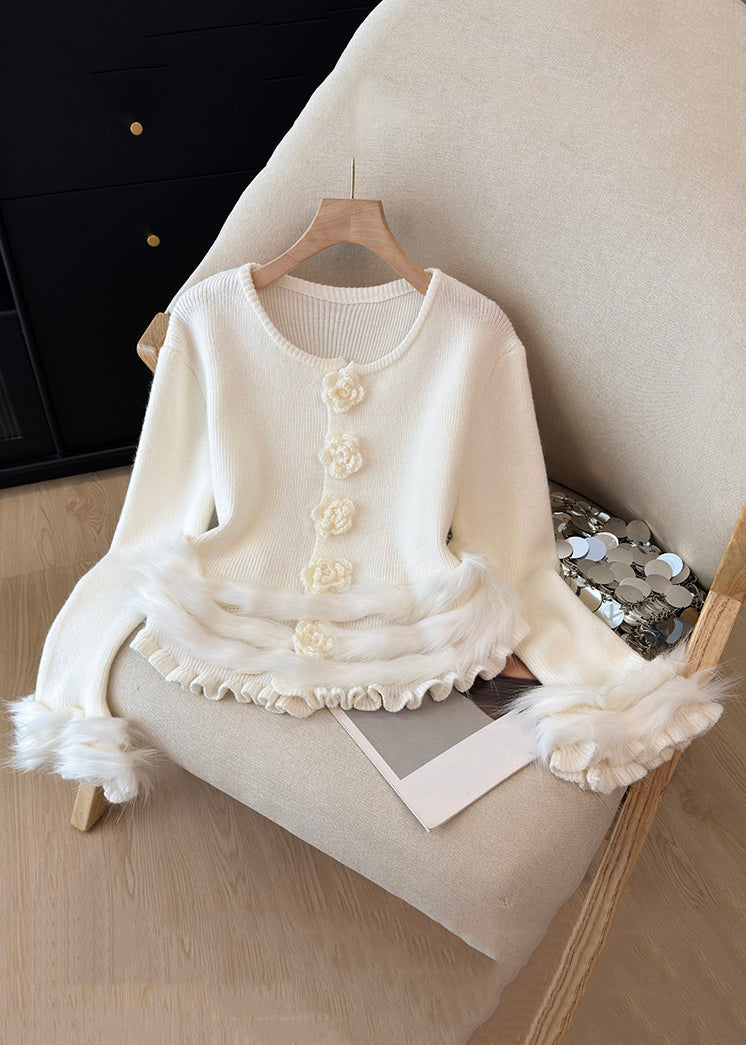 White Ruffled Cozy Patchwork Knit Sweater Tops