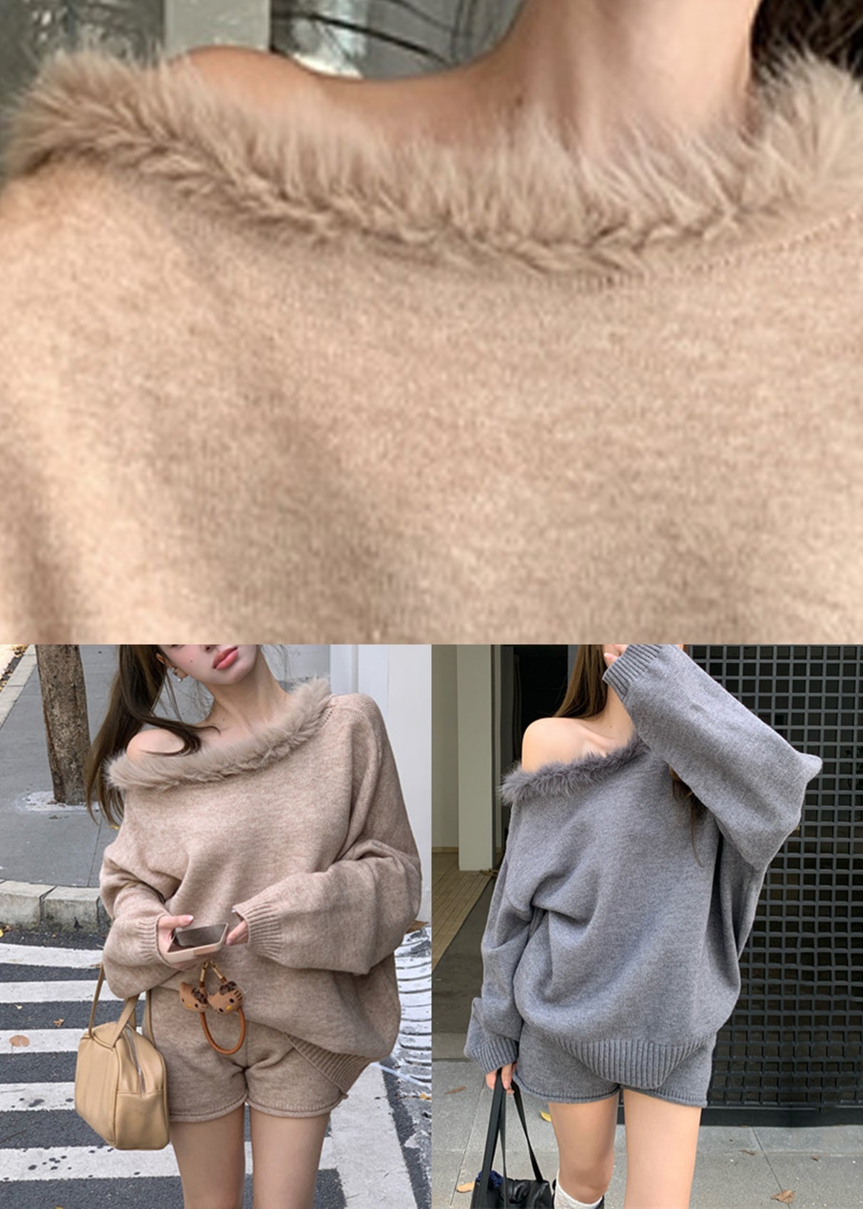 French Grey Fur Collar Cotton Knit Sweaters and Shorts Two Piece Set Spring